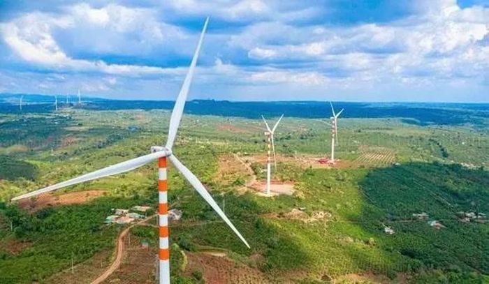 Cánh đồng tua bin điện gió của Trang trại phong điện Tây Nguyên (thôn 4, xã Dliê Yang, huyện Ea H’leo). (Nguồn: Báo Đắk Lắk)