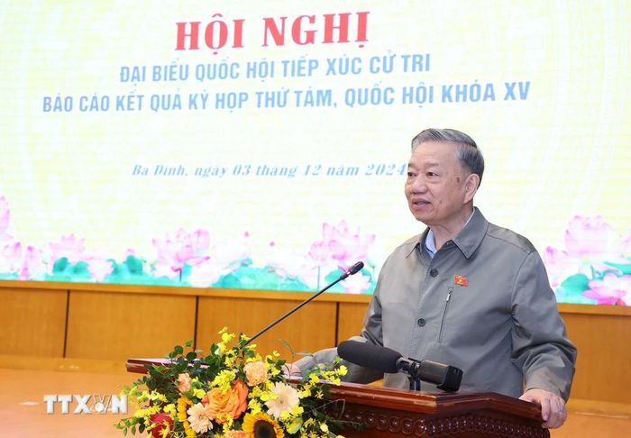  Tổng Bí thư Tô Lâm phát biểu tại buổi tiếp xúc cử tri. (Ảnh: Văn Điệp/TTXVN) 