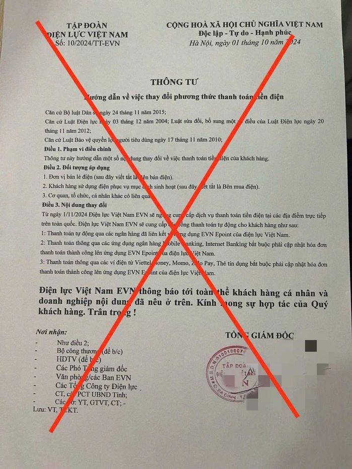 Văn bản giả mạo Tập đoàn Điện lực Việt Nam.