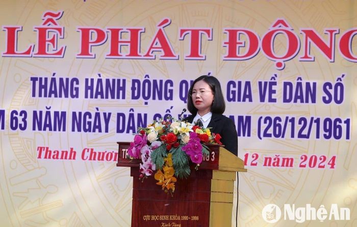 Phó Cục trưởng Cục Dân số Hoàng Thị Thơm phát biểu tại lễ phát động. Ảnh: Mỹ Hà
