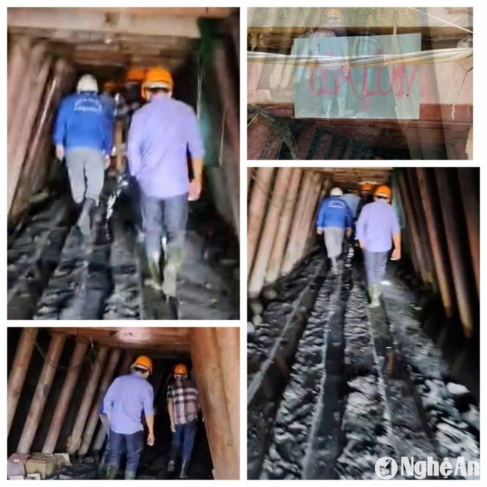 Đoàn công tác UBND huyện Quỳ Hợp vào bên trong hầm lò của Công ty TNHH Thiếc Hà An tìm nguyên nhân dẫn đến nguồn nước bất thường. Ảnh: CSCC