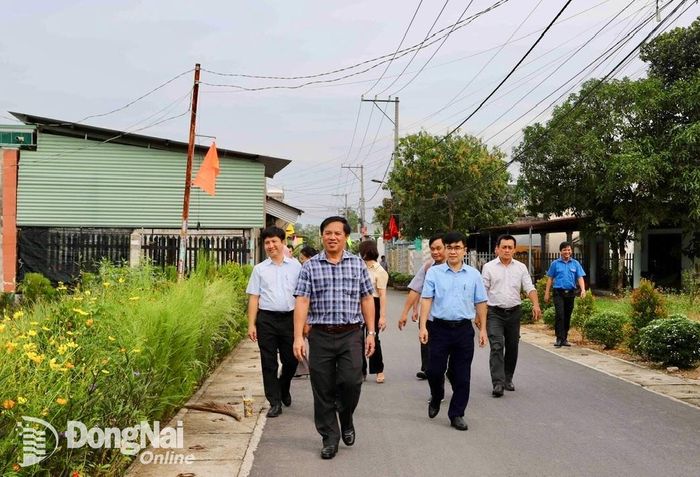 Đoàn công tác nông thôn mới tỉnh khảo sát tuyến đường ở khu dân cư kiểu mẫu tại xã Long Thọ, huyện Nhơn Trạch. Ảnh: B.Nguyên