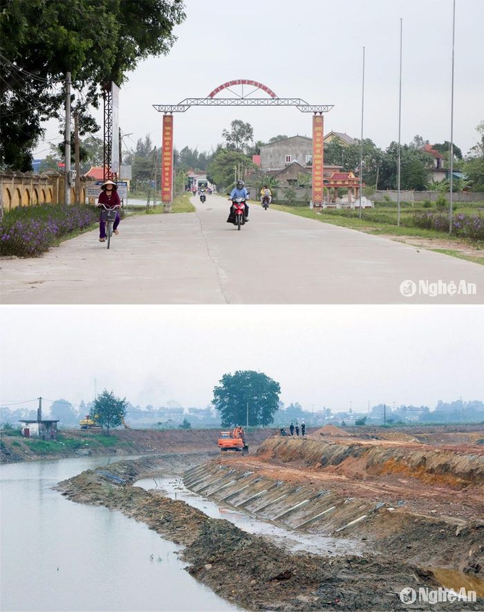 Một góc nông thôn mới xã Hưng Đạo (Hưng Nguyên); Thi công đê sông tại xã Hưng Đạo. Ảnh: Thành Duy - Mai Hoa