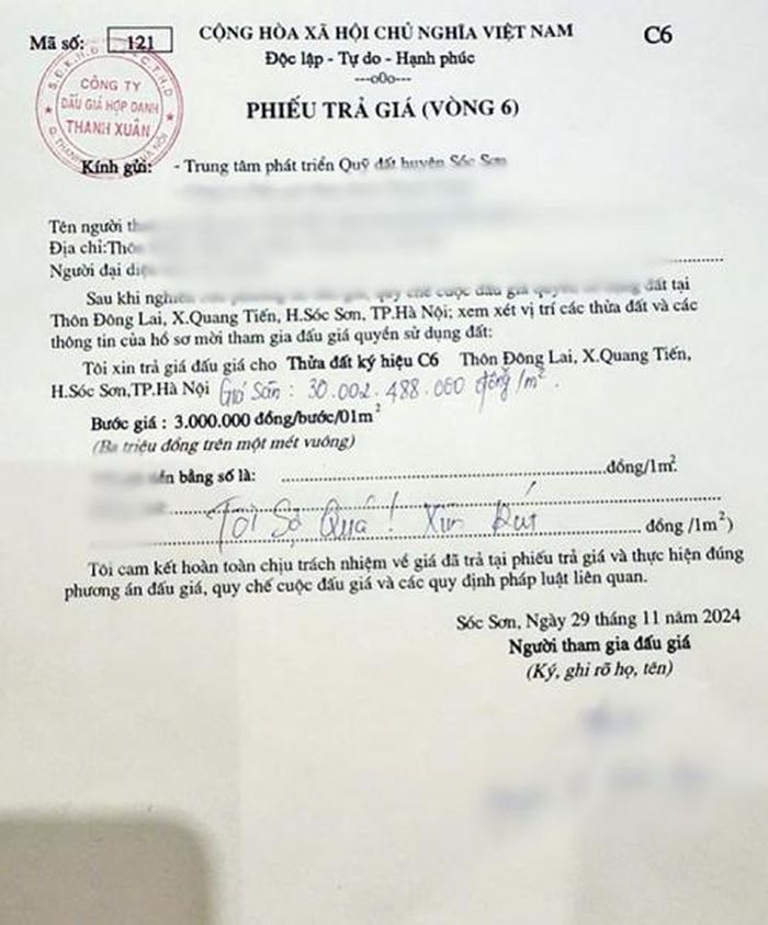Dòng chữ xin rút đấu giá như trò đùa của một đối tượng ở Sóc Sơn.