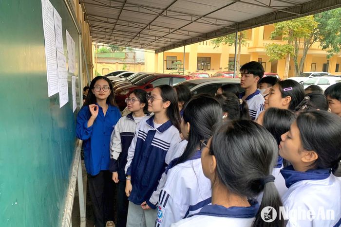Các thí sinh tham gia Kỳ thi học sinh giỏi tỉnh xem số báo danh tại điểm thi. Ảnh: Mỹ Hà