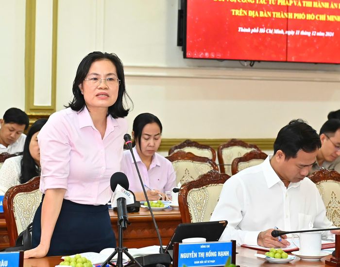 Giám đốc Sở Tư pháp TPHCM Nguyễn Thị Hồng Hạnh nêu các đề xuất tại buổi làm việc. Ảnh: VIỆT DŨNG 