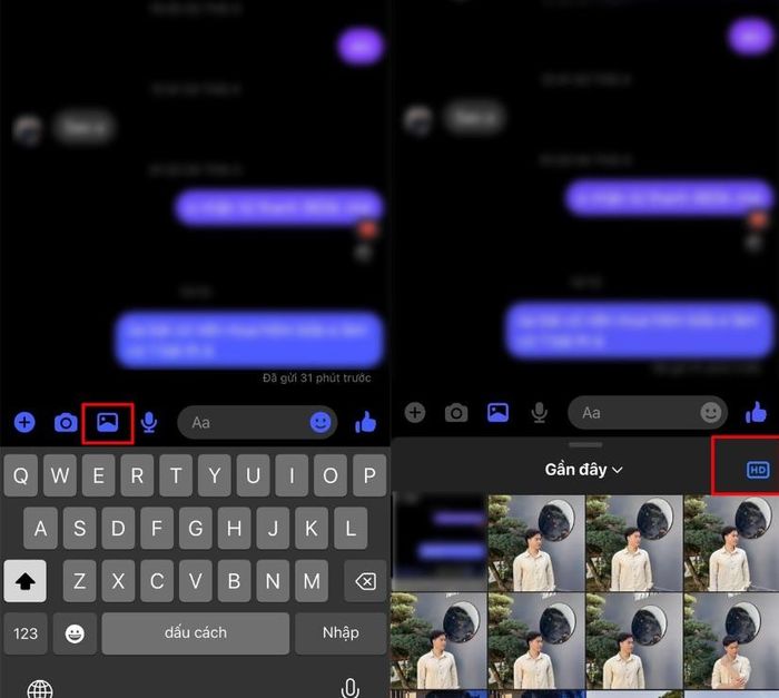  Bước 2: Chọn chế độ gửi ảnh HD: Mở một cuộc trò chuyện bất kỳ trong Messenger mà bạn muốn gửi ảnh. Chạm vào biểu tượng hình ảnh để chọn ảnh bạn muốn gửi. Sau đó, đừng quên tick vào biểu tượng HD ở góc phải của khung chat. Đây là bước quan trọng để gửi ảnh ở chất lượng cao. 