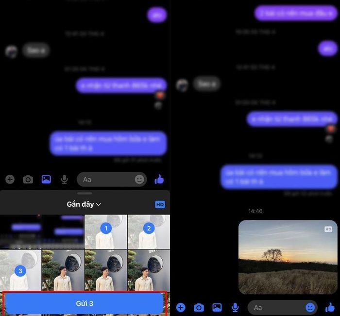  Bước 3: Chọn ảnh và gửi: Sau khi đã bật chế độ HD, chọn các bức ảnh bạn muốn gửi, rồi nhấn nút "Gửi". Khi bạn gửi ảnh thành công, bức ảnh sẽ có logo HD ở góc phải trên cùng, xác nhận rằng ảnh đã được gửi với chất lượng cao. 