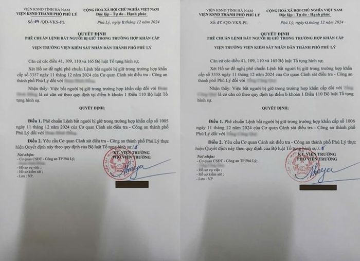  Quyết định phê chuẩn bắt người bị giữ trong trường hợp khẩn cấp đối với 2 đối tượng.