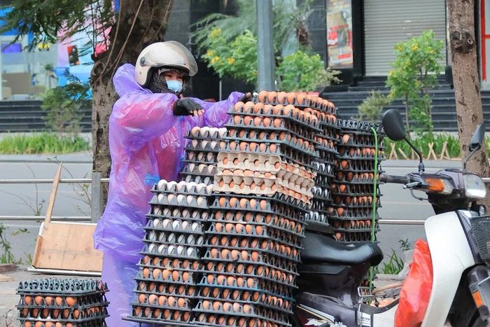 Người lao động ngoài mặc thêm đồ dày còn trang bị thêm quần áo mưa để giữ ấm cơ thể khi làm việc ngoài trời. (Ảnh: Hoàng Hiếu/TTXVN)