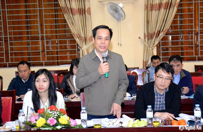 Đồng chí Bùi Quang Vinh - Phó Giám đốc Sở Văn hóa và Thể thao phát biểu ý kiến về những tiềm năng của Nam Đàn về phát triển văn hóa gắn với du lịch trên địa bàn huyện. Ảnh: Xuân Hoàng