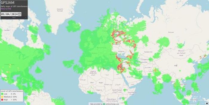 Sự can thiệp của GPS trên toàn cầu vào ngày 6/9/2024 được ghi lại bởi GPSJam.org. Lưu ý sự tập trung của hoạt động gây nhiễu/ giả mạo dữ dội gần các khu vực xung đột và không phận Nga.