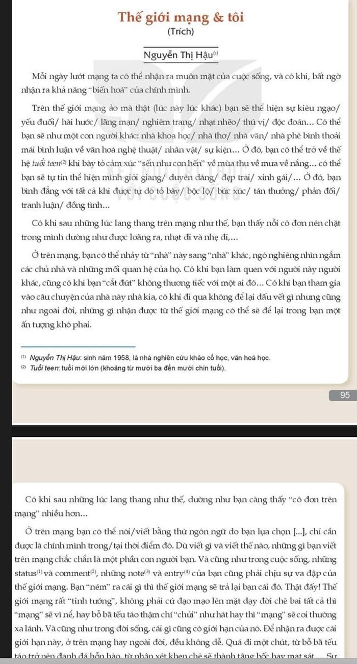 Tùy bút "Thế giới mạng và tôi" trong "Ngữ văn 10" tập 2, bộ Kết nối tri thức với cuộc sống