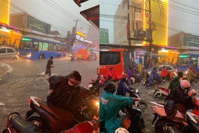 Nhiều đoạn đường ngập sâu trong nước vào giờ tan tầm. Ảnh fb