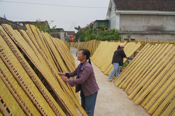 Có mặt tại các cơ sở sản xuất bánh đa nem ở xóm Trường Tiến (xã Ngọc Bích, Diễn Châu) vào thời điểm này, không khí nhộn nhịp đã len vào tận từng ngõ xóm, gia đình. Mỗi người một công đoạn đóng gói, sắp xếp, phơi bánh... để giao cho khách kịp phục vụ thị trường Tết. Ảnh: Thanh Hiền