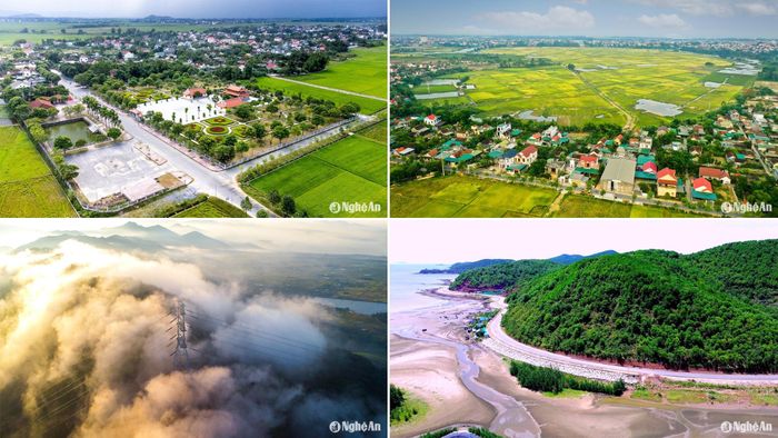 Năm 2024, Nghệ An có thêm 2 huyện được công nhận đạt chuẩn nông thôn mới là Hưng Nguyên, Diễn Châu (Trong ảnh: Một góc xã Hưng Thông, huyện Hưng Nguyên và xã Diễn Hoa, huyện Diễn Châu); Đường dây 500kV mạch 3 đoạn đi qua Nghệ An; Dự án Đường ven biển từ Nghi Sơn (Thanh Hóa) - Cửa Lò (Nghệ An). Ảnh: Thành Cường - Sách Nguyễn - Xuân Hoàng