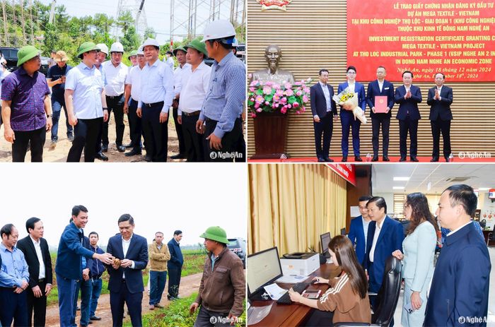 Đồng chí Nguyễn Đức Trung - Bí thư Tỉnh ủy, Chủ tịch UBND tỉnh cùng Bộ trưởng Bộ Công Thương Nguyễn Hồng Diên kiểm tra tại công trường thi công đường dây 500kV; Lãnh đạo tỉnh trao Giấy chứng nhận đăng ký đầu tư cho Tập đoàn Best Pacific; Đồng chí Hoàng Nghĩa Hiếu - Phó Bí thư Thường trực Tỉnh ủy, Chủ tịch HĐND tỉnh kiểm tra mô hình nông nghiệp tại xã Tây Hiếu, thị xã Thái Hòa; Đồng chí Lê Hồng Vinh - Ủy viên Ban Thường vụ Tỉnh ủy, Phó Chủ tịch Thường trực UBND tỉnh kiểm tra việc hỗ trợ người dân nộp hồ sơ trực tuyến tại Trung tâm Phục vụ hành chính công tỉnh. Ảnh: Phạm Bằng - Thành Duy - Thanh Lê
