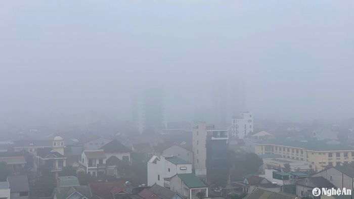 Theo ghi nhận của P.V, trong sáng 2/1, TP Vinh được bao trùm bởi lớp sương mù dày đặc. Ảnh: P.V