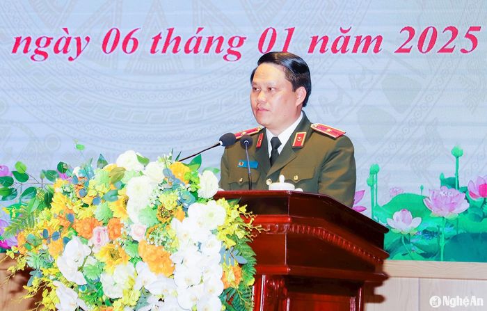 Thiếu tướng Bùi Quang Thanh - Giám đốc Công an tỉnh phát biểu khai mạc hội nghị. Ảnh: Phạm Bằng