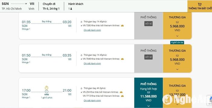 Chuyến TP HCM -Vinh của hãng Vietnam Airlines cũng hết vé phổ thông từ ngày 24/1, chỉ còn vé hạng thương gia, nếu bay nối chuyến giá vé tăng gấp đôi. Ảnh: Q.A