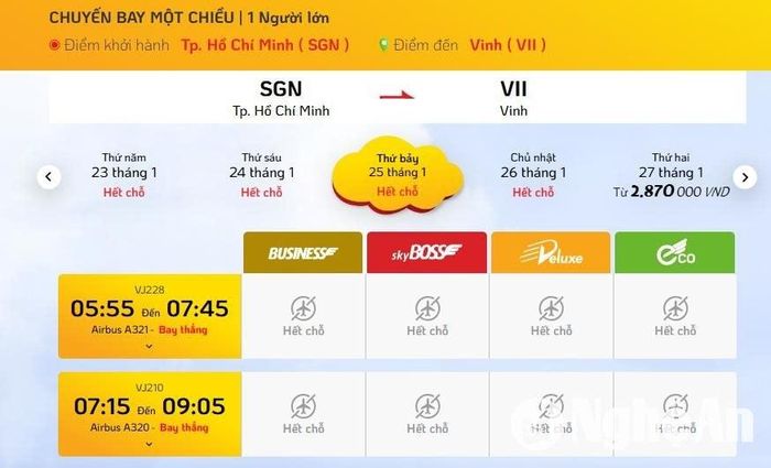 Vé máy bay chuyến TP HCM - Vinh của hãng VietJet Air đã hết vé từ ngày 23 - 26/1. Ảnh Q.A