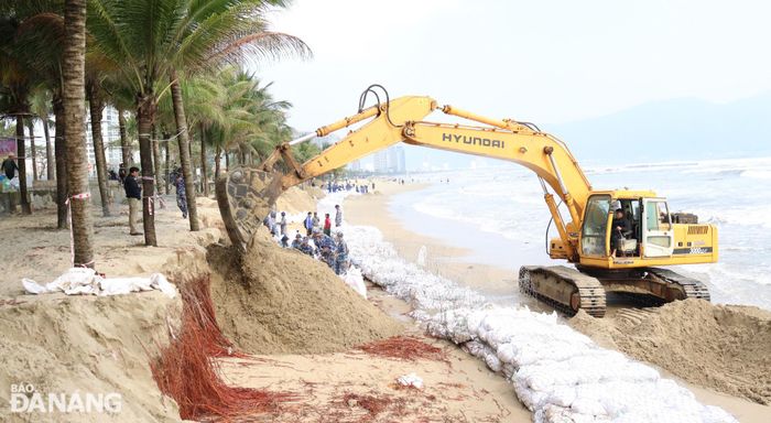 Phương tiện cơ giới được huy động để đưa cát vào bê trong và cung cấp cát cho bộ đội làm rọ bao cát. Ảnh: HOÀNG HIỆP