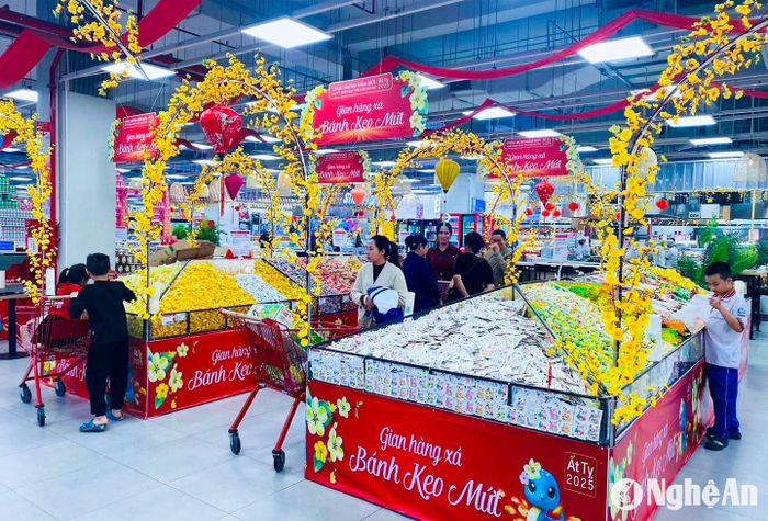 Không khí Tết Nguyên đán Ất Tỵ đã ngập tràn tại các siêu thị trên địa bàn Nghệ An. Với lượng hàng hóa dự trữ lên đến hàng nghìn tấn, các siêu thị lớn trên địa bàn tỉnh sẵn sàng phục vụ nhu cầu mua sắm của người dân. Ảnh: T.P