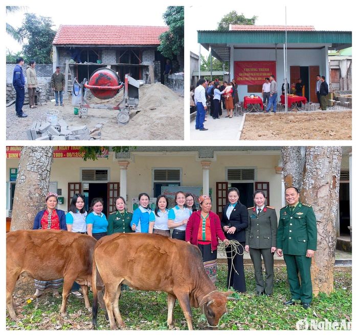 Hỗ trợ làm nhà ở cho người có hoàn cảnh khó khăn tại xã Long Thành (huyện Yên Thành); Khánh thành và bàn giao nhà ở cho người có khó khăn về nhà ở tại xã Quỳnh Lâm (huyện Quỳnh Lưu); Hội Liên hiệp Phụ nữ tỉnh Nghệ An trao hỗ trợ mô hình sinh kế "Nuôi bò sinh sản" cho hội viên phụ nữ có hoàn cảnh khó khăn tại xã Tri Lễ (huyện Quế Phong) trong chương trình “Tết ấm biên cương - Xuân Ất Tỵ 2025”. Ảnh: Mai Hoa