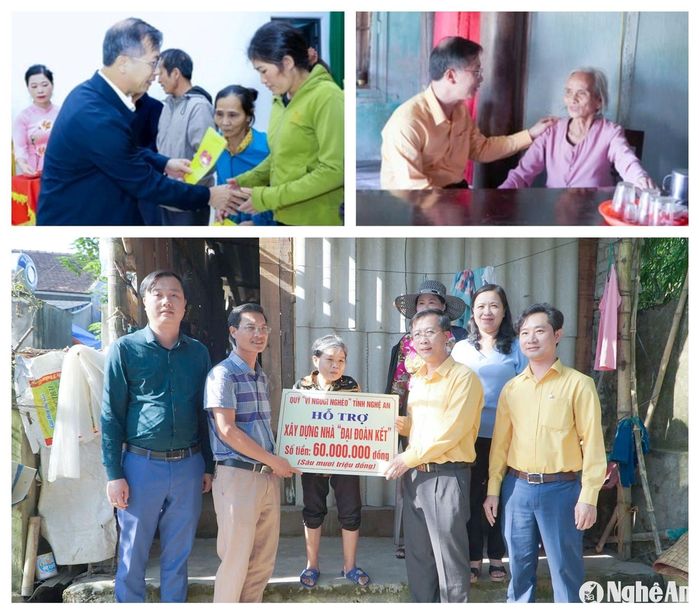 Đồng chí Nguyễn Đức Thành - Phó Chủ tịch Ủy ban MTTQ tỉnh gặp gỡ, động viên, tặng quà và trao hỗ trợ làm nhà ở cho người nghèo có hoàn cảnh khó khăn tại các huyện Nam Đàn và Hưng Nguyên. Ảnh: Mai Hoa