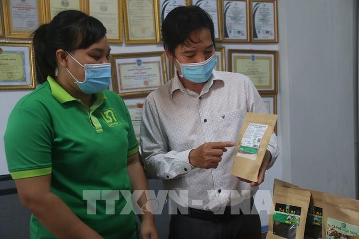 Ông Lâm Ngọc Nhâm (phải), Giám đốc Hợp tác xã Nông nghiệp - Thương mại - Du lịch Bàu Mây, huyện Xuyên Mộc, giới thiệu sản phẩm bột hoài sơn đang được bán trên sàn thương mại điện tử của tỉnh Bà Rịa-Vũng Tàu. Ảnh: Hoàng Nhị - TTXVN