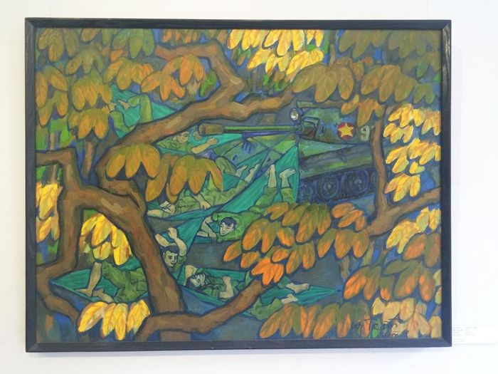 Tác phẩm “Lính xe tăng” (sơn dầu, 100x130cm, 1999) của Hoàng Trầm
