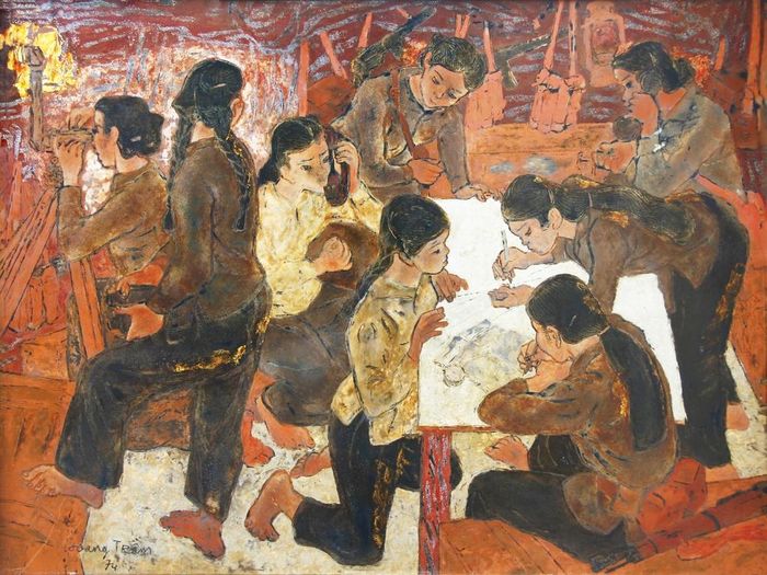 Tác phẩm “Nữ dân quân Ngư Thủy” (sơn mài, 90x120cm, 1974) của Hoàng Trầm, hiện thuộc bộ sưu tập của Bảo tàng Mỹ thuật Việt Nam