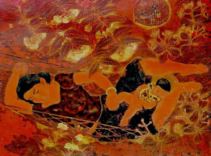 Tác phẩm “Hoa trái” (sơn mài, 90x120cm, 1990), hiện thuộc bộ sưu tập của Bảo tàng Mỹ thuật Việt Nam