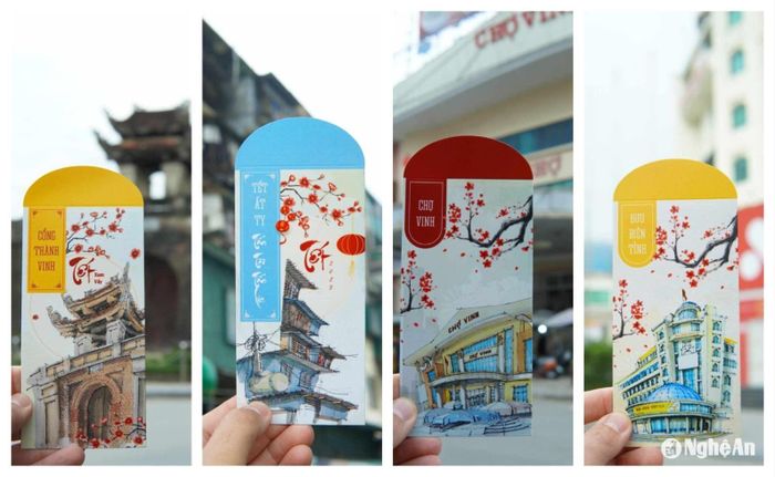 Những phong bao lì xì lan tỏa hình ảnh kiến trúc, văn hóa của Nghệ An đến muôn phương. Ảnh: NVCC