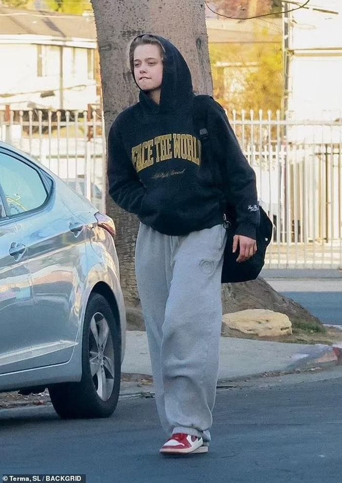 Shiloh mặc một chiếc áo hoodie màu xanh và quần chạy bộ màu xám cùng giày Air Jordan