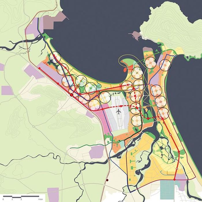 Tầm nhìn quy hoạch TP. Đà Nẵng tương lai, bao gồm quy hoạch Khu Đô thị Sân bay (Aerotropolis) và quy hoạch hệ thống đô thị gắn kết với tuyến metro theo mô hình TOD (Transit Oriented Development) của đồng Chủ nhiệm Đồ án KTS Kathrin Moore và TSKH.KTS. Ngô Viết Nam Sơn. (Nguồn: NgoViet Architects &amp; Planners)