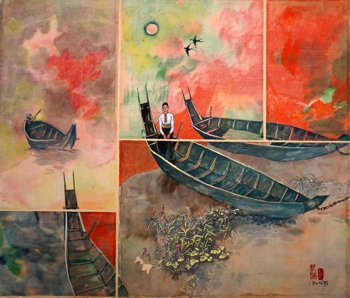 Thuyền đuôi én trên thượng nguồn sông Đà. Tranh: Đỗ Đức