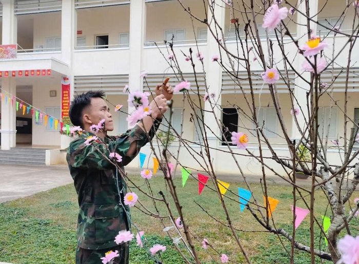 Phía ngoài tiền sảnh khu nhà chỉ huy các cơ quan, đơn vị trực thuộc Trung đoàn 254 rợp màu cờ, hoa đào khoe sắc thắm đón chào năm mới. 
