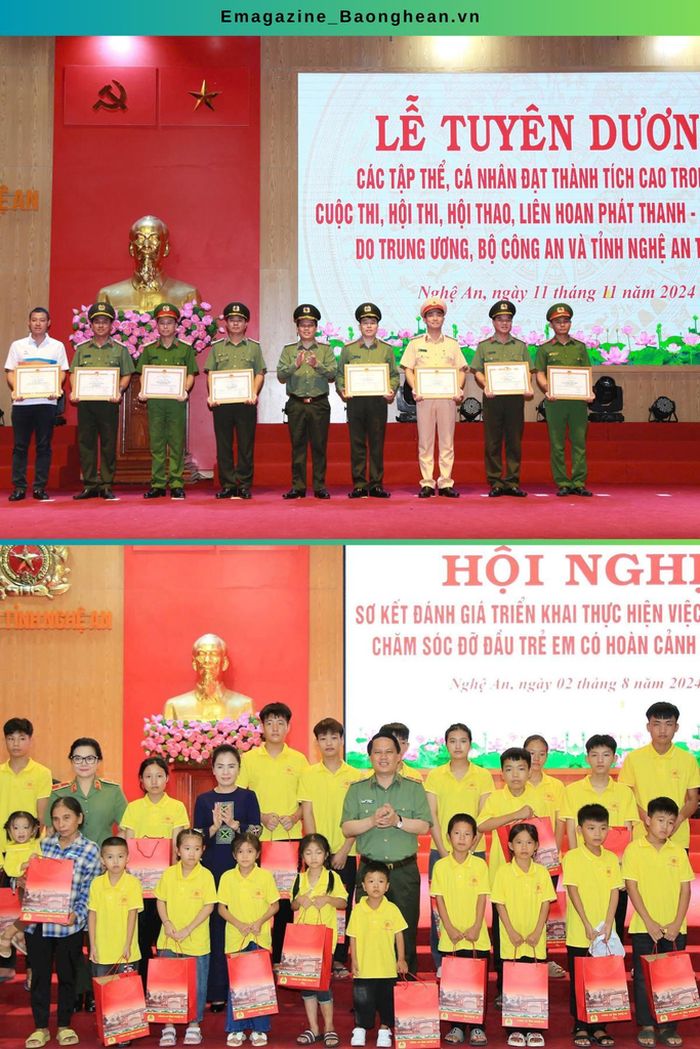 Công an Nghệ An đạt thành tích cao trong các cuộc thi, hội thi, hội thao, liên hoan phát thanh- truyền hình do Trung ương, Bộ Công an và tỉnh Nghệ An tổ chức (ảnh trên). Tặng quà cho trẻ em có hoàn cảnh khó khăn do Công an tỉnh đảm nhận chăm sóc đỡ đầu (ảnh dưới). Ảnh: CANA