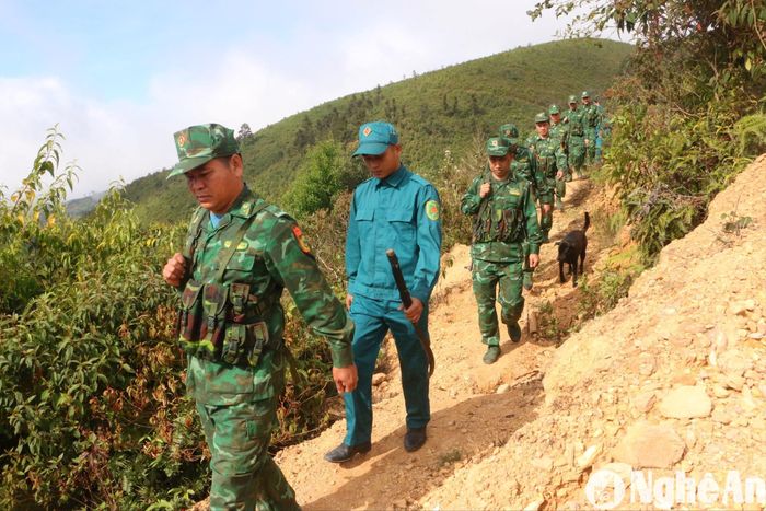 Đồn Biên phòng Mường Ải và Ban chỉ huy Quân sự xã Mường Ải (huyện Kỳ Sơn) tuần tra bảo vệ biên giới dịp Tết Nguyên đán. Ảnh: Khánh Ly