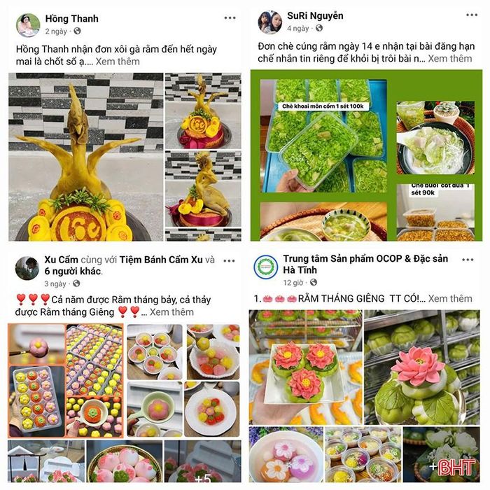  Bên cạnh chợ truyền thống, hoạt động mua bán lễ vật ngày rằm trên “chợ mạng” cũng diễn ra nhộn nhịp bởi dịch vụ đặt cỗ cúng đa dạng từ đặt trọn gói những mâm cỗ truyền thống cho đến các món lẻ theo yêu cầu như xôi, chè, cỗ xôi gà, bánh… 