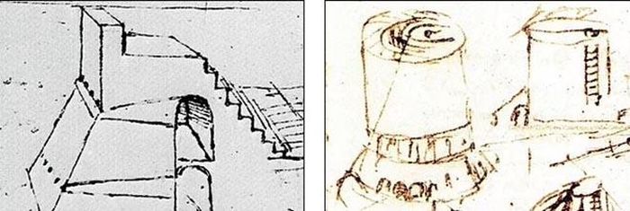 Sổ phác thảo của Leonardo da Vinci cho thấy hai lớp đường hầm (bên trái) và cầu thang xoắn ốc kỳ lạ (bên phải). Các nhà khoa học hiện đã sử dụng những bản phác thảo này để giúp tái tạo bản đồ 3D của lâu đài