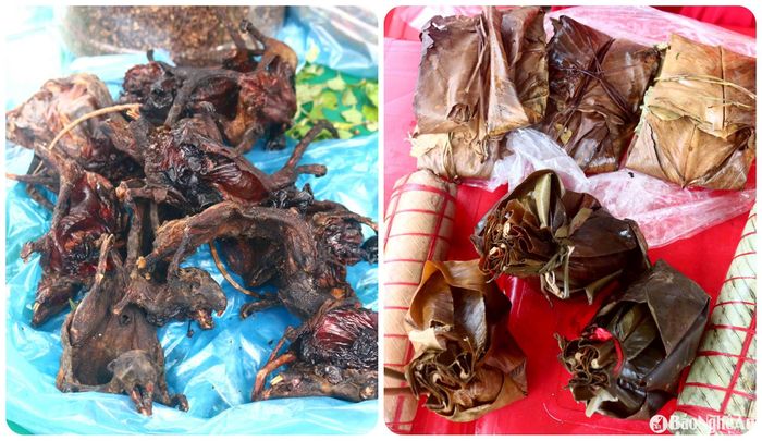 Phiên chợ đầu năm mới vùng tái định cư không thể thiếu mặt hàng chuột rừng, sóc rừng sấy khô, rau măng, những thứ bánh của người Thái, Khơ Mú như mọc thịt lợn, mọc cá, mọc rêu (20. 000 - 30. 000 đồng/gói), cá nướng đùm lá dong (30. 000 đồng/gói)... Ảnh: Huy Thư