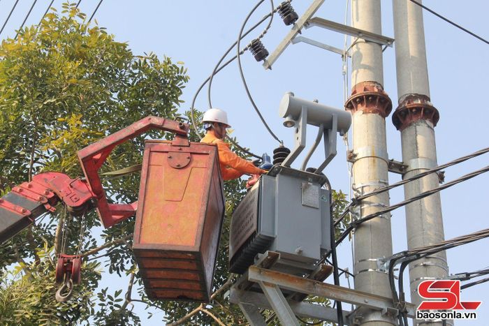 Công nhân Điện lực Sơn La kiểm tra, sửa chữa lưới điện.