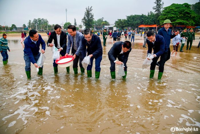 Lãnh đạo Thị ủy Hoàng Mai thả cá giống, tôm giống ra biển. Ảnh: Hồ Nhật Thanh