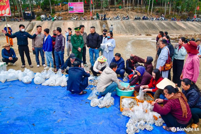 Người dân tập kết ngao giống, cá giống... để phóng sinh. Ảnh: Hồ Nhật Thanh