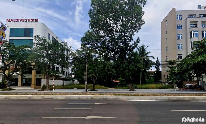 Khu đất Nhà nghỉ dưỡng lão huyện Nghi Lộc bị bỏ hoang nằm xen giữa khách sạn Maldives và nhà nghỉ của Ngân hàng Agribank, bám đại lộ Bình Minh, thuộc phường Thu Thủy. Ảnh: Nhật Lân