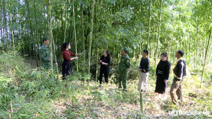 Thiếu tá Bùi Đức Long - Đồn Biên phòng Tri Lễ hướng dẫn người dân bản Pà Khốm, xã Tri Lễ ( Quế Phong) phát triển kinh tế. Ảnh: Hải Thượng
