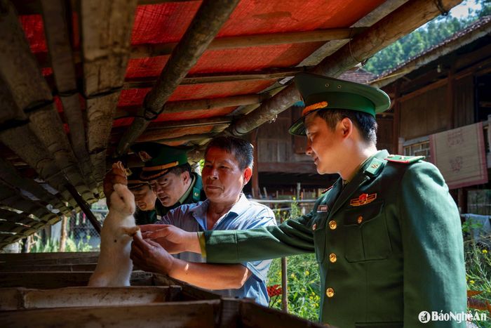 Cán bộ Đồn Biên phòng Thông Thụ hướng dẫn người dân xã Mường Piệt (Quế Phong) nuôi thỏ phát triển kinh tế hộ. Ảnh tư liệu: Nguyễn Đạo