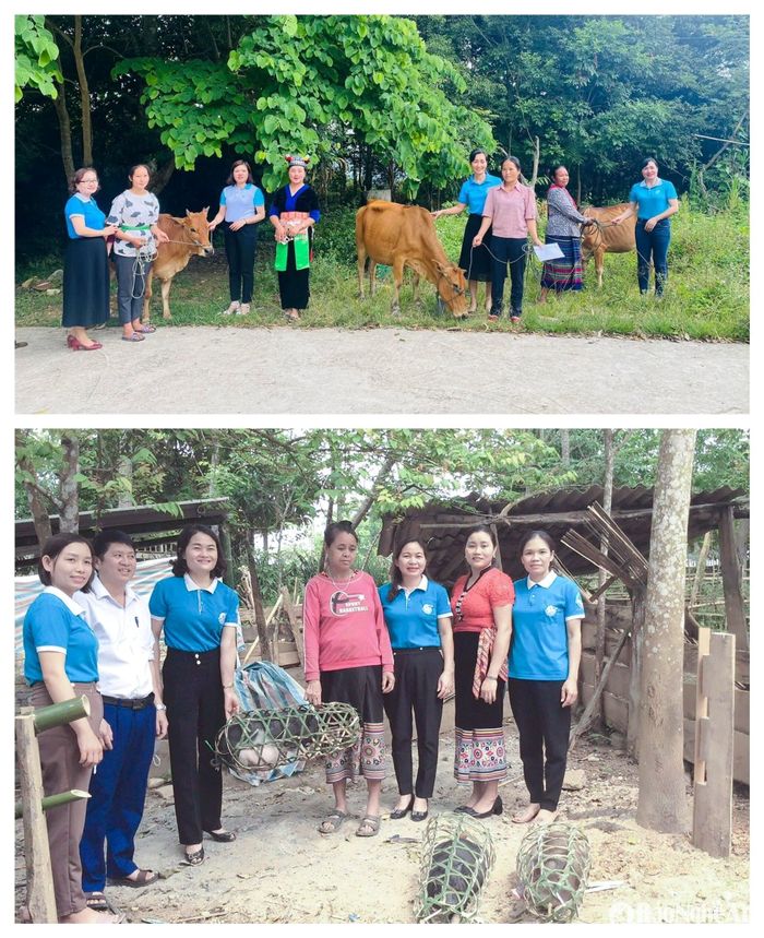 Cán bộ huyện Quế Phong trao hỗ trợ mô hình sinh kế "Nuôn lợn đen" cho hội viên xã Đồng Văn. Ảnh: CSCC